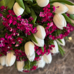 Οι λευκές τουλίπες αποτελούν σύμβολο αγνότητας, νέας αρχής και διακριτικής ομορφιάς. Με τα απαλά, λεία πέταλά τους και τα μακριά, κομψά στελέχη, χαρίζουν στην ανθοδέσμη μια αίσθηση ισορροπίας και ηρεμίας. Πλάι τους, το γαλλικό γαρύφαλλο προσφέρει ένταση και χαρακτήρα, με τα πλούσια, κυματιστά πέταλα και τις ζωηρές αποχρώσεις του ροζ και του φούξια να δημιουργούν ένα εντυπωσιακό κοντράστ.