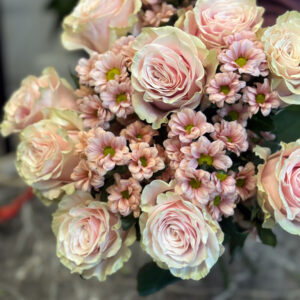 Στο επίκεντρο της σύνθεσης βρίσκονται τα τριαντάφυλλα Εκουαδόρ — ίσως τα πιο εκλεκτά τριαντάφυλλα στον κόσμο, γνωστά για τα μεγάλα τους άνθη, τα σταθερά τους στελέχη και τα πυκνά, μεταξένια πέταλα. Οι απαλές σομόν αποχρώσεις τους διαβαθμίζονται από ένα απαλό ροζ στο κέντρο μέχρι ένα ελαφρύ κρεμ στις άκρες, δημιουργώντας μια φυσική μετάβαση που αποπνέει τρυφερότητα και φως.