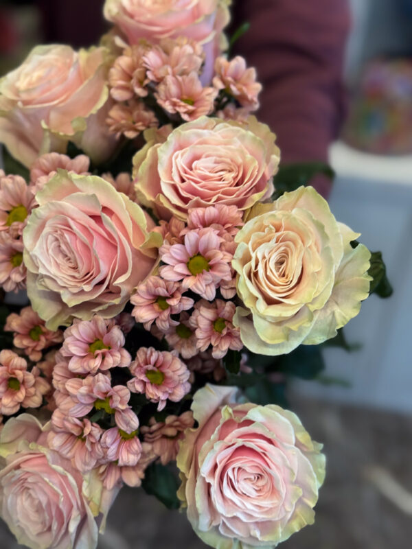 Στο επίκεντρο της σύνθεσης βρίσκονται τα τριαντάφυλλα Εκουαδόρ — ίσως τα πιο εκλεκτά τριαντάφυλλα στον κόσμο, γνωστά για τα μεγάλα τους άνθη, τα σταθερά τους στελέχη και τα πυκνά, μεταξένια πέταλα. Οι απαλές σομόν αποχρώσεις τους διαβαθμίζονται από ένα απαλό ροζ στο κέντρο μέχρι ένα ελαφρύ κρεμ στις άκρες, δημιουργώντας μια φυσική μετάβαση που αποπνέει τρυφερότητα και φως.