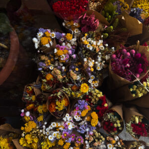 Σαν haute couture για τη φύση — κάθε ανθοδέσμη είναι ραμμένη με ακρίβεια, δεμένη με αισθητική, εμποτισμένη με χρώμα. Τα αποξηραμένα άνθη μεταμορφώνονται σε αντικείμενα τέχνης: δυνατά, γήινα, γεμάτα χαρακτήρα.